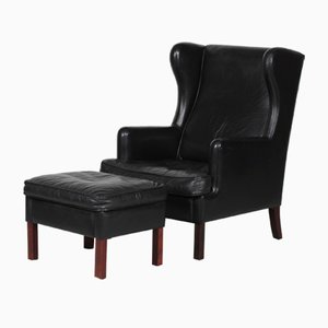 Danish Modern Wing Chair and Stool with Black Leather in Kaare Klint Style, 1970s, Set of 2-QQ-1383419