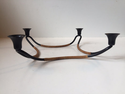 Danish Modernist Blackened String Iron & Rattan Candle Holder by Laurids Lønborg for LL, 1950s