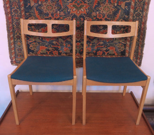 Danish Oak Dining Chairs with Petrol Blue Covers, 1960s, Set of 2