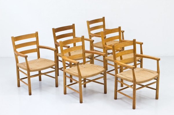 Danish Oak & Paper Cord Armchairs by Viggo Hardie-Fischer for Sorø Stolefabrik, 1950s, Set of 6-TM-945958