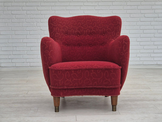 Danish Relax Armchair in Red Cotton & Wool, 1960s