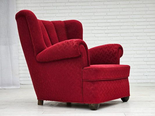 Danish Relax Armchair in Red Cotton, Wool & Oak Wood, 1960s