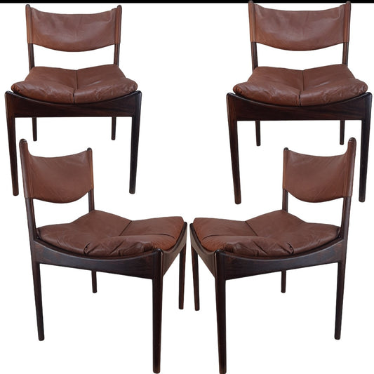 Danish Rosewood Brown Leather Dining Chairs by Kristian Solmer Vedel, 1963, Set of 4