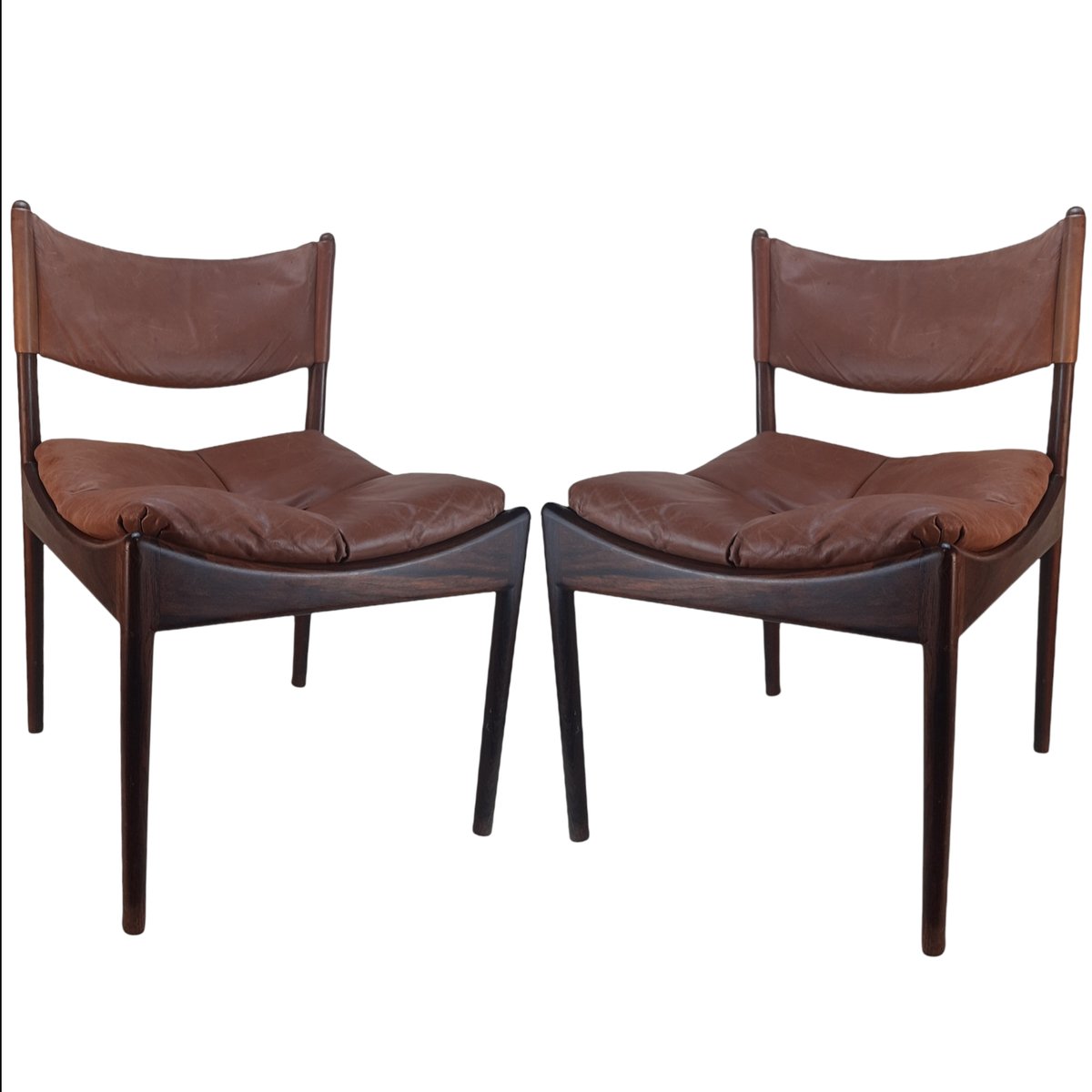 Danish Rosewood Brown Leather Dining Chairs by Kristian Solmer Vedel, 1963, Set of 4