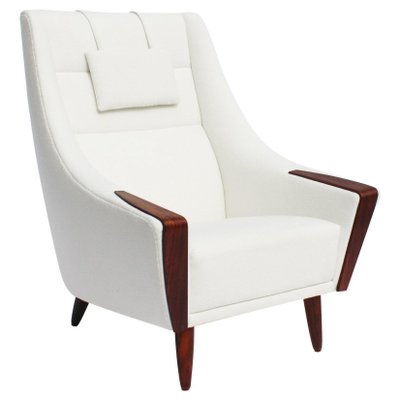 Danish Rosewood Easy Chair with Tall Back Upholstered in White Fabric, 1960s-UY-702032