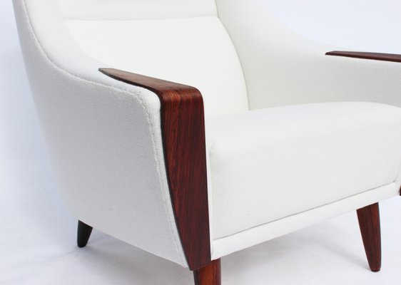 Danish Rosewood Easy Chair with Tall Back Upholstered in White Fabric, 1960s-UY-702032