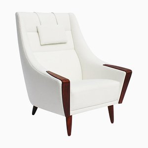 Danish Rosewood Easy Chair with Tall Back Upholstered in White Fabric, 1960s-UY-702032