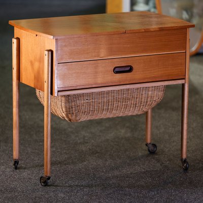 Danish Sewing Trolley in Walnut with Basket, 1960s-QBR-1223783