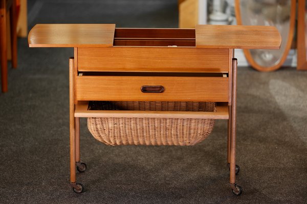 Danish Sewing Trolley in Walnut with Basket, 1960s-QBR-1223783