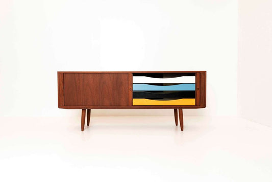 Danish Sideboard in Teak with Colored Drawers by Bruno Hansen