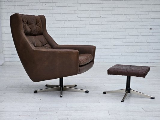 Danish Swivel Chair with Footstool in Leather, 1970s, Set of 2-TMW-1785335