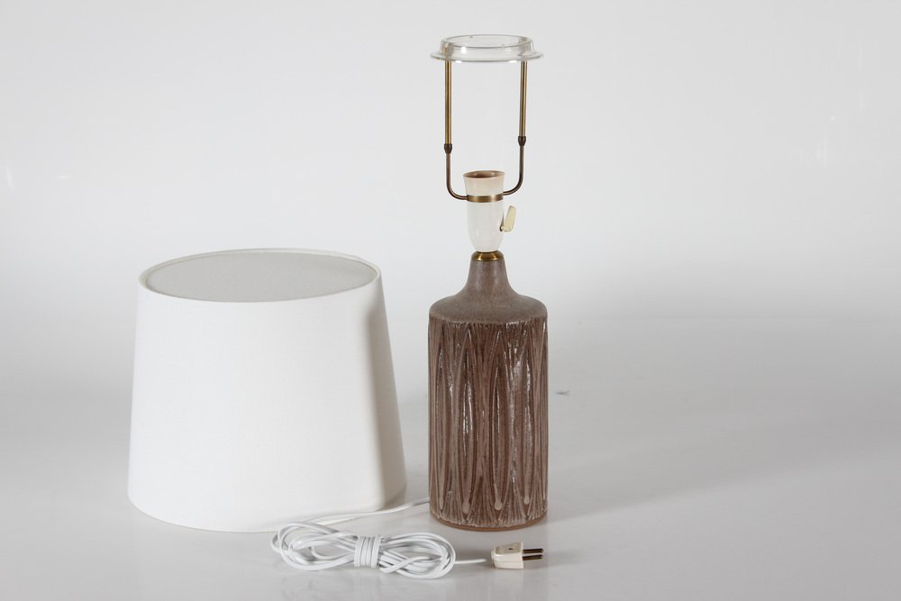 Danish Table Lamp with Graphical Design and Milk Chocolate Colored Glaze by Einar Johansen, 1960s