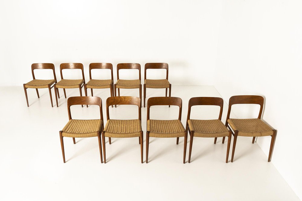 Danish Teak and Paper Cord Model 57 Chairs by Niels Otto (N. O.) Møller, 1960s, Set of 10