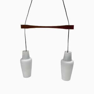 Danish Teak and White Glass Hanging Lamp, 1950s-RMX-1279361