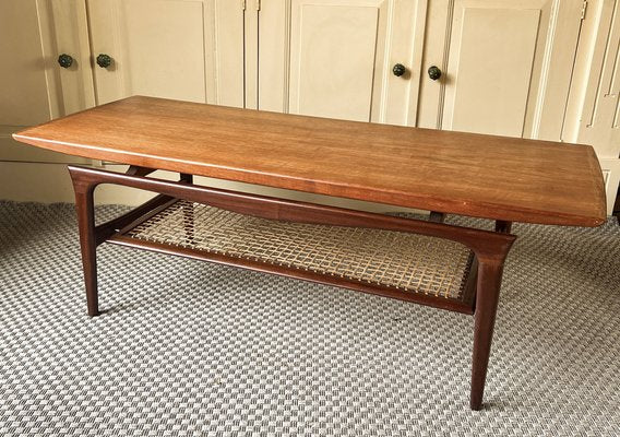 Danish Teak Coffee Table with Rattan Shelf from Topform, 1960s-WZZ-1719871