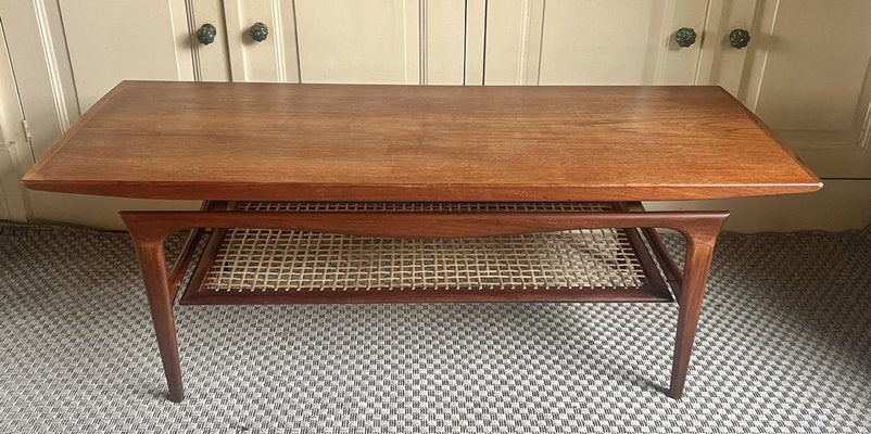 Danish Teak Coffee Table with Rattan Shelf from Topform, 1960s-WZZ-1719871