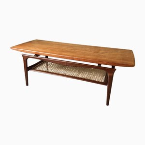 Danish Teak Coffee Table with Rattan Shelf from Topform, 1960s-WZZ-1719871