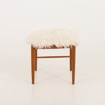 Danish Teak Footstol in Long Hair Sheepskin by Bramin, 1960s-UE-2043866