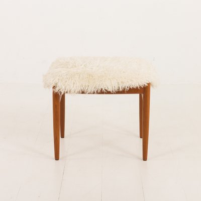 Danish Teak Footstol in Long Hair Sheepskin by Bramin, 1960s-UE-2043866