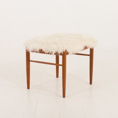 Danish Teak Footstol in Long Hair Sheepskin by Bramin, 1960s-UE-2043866