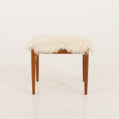 Danish Teak Footstol in Long Hair Sheepskin by Bramin, 1960s-UE-2043866