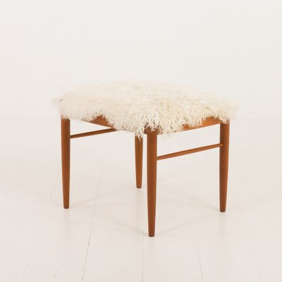 Danish Teak Footstol in Long Hair Sheepskin by Bramin, 1960s-UE-2043866