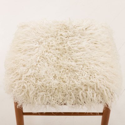 Danish Teak Footstol in Long Hair Sheepskin by Bramin, 1960s-UE-2043866