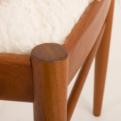 Danish Teak Footstol in Long Hair Sheepskin by Bramin, 1960s-UE-2043866