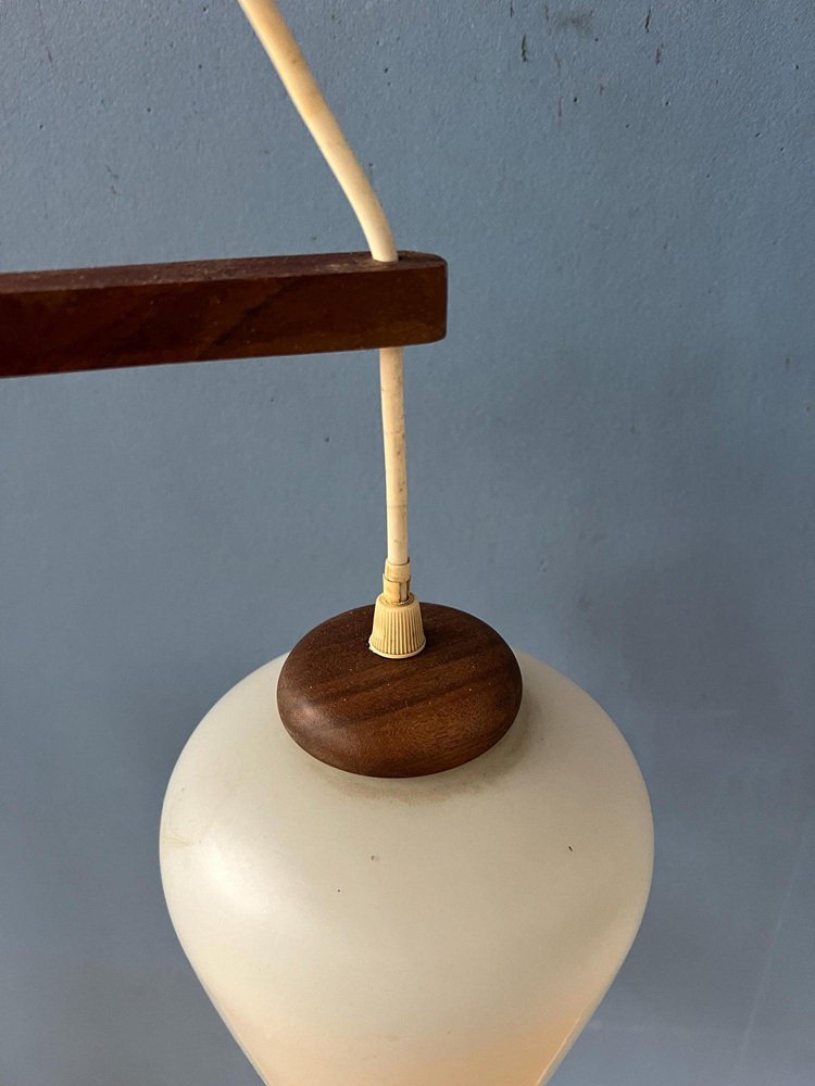 Danish Teak Wood Cascade Pendant Lamp with Three Opaline Glass Shades