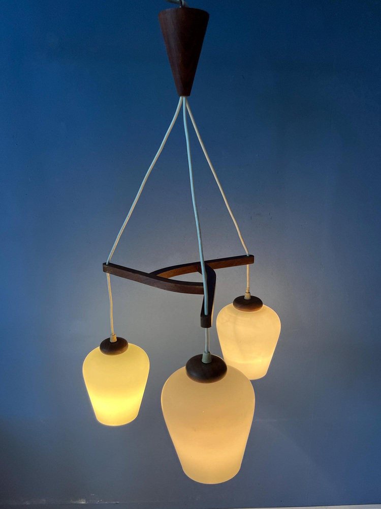 Danish Teak Wood Cascade Pendant Lamp with Three Opaline Glass Shades