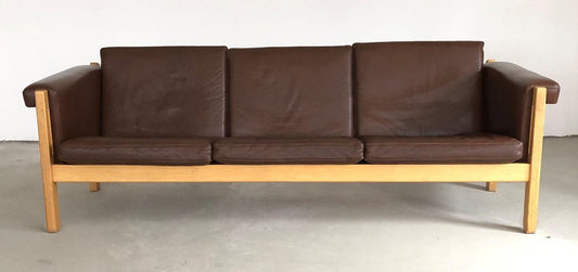 Danish Three-Seat Sofa in Oak and Brown Leather by Hans J. Wegner for Getama, 1960s