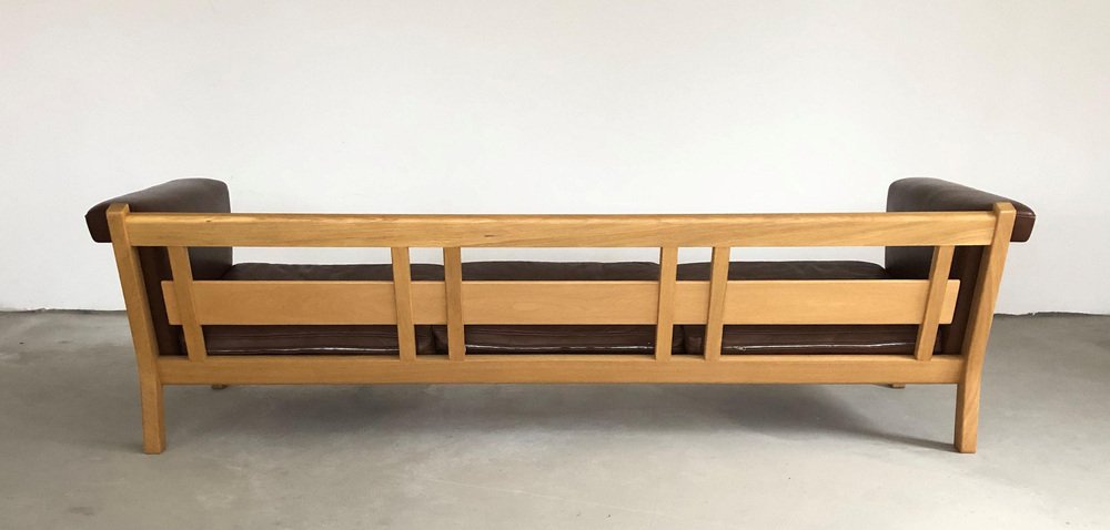 Danish Three-Seat Sofa in Oak and Brown Leather by Hans J. Wegner for Getama, 1960s