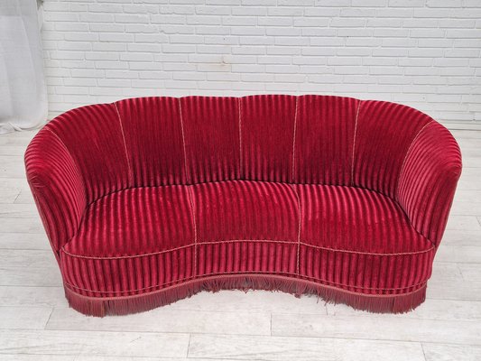 Danish Three-Seater Banan Sofa in Red Velour, 1960s-TMW-2042230