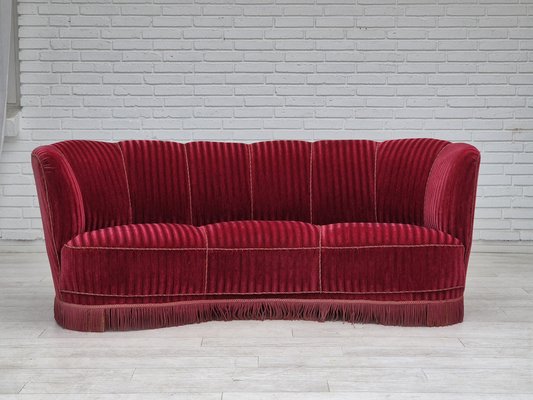 Danish Three-Seater Banan Sofa in Red Velour, 1960s-TMW-2042230