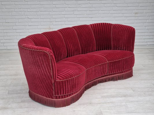 Danish Three-Seater Banan Sofa in Red Velour, 1960s-TMW-2042230