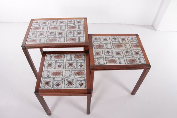 Danish Vintage Nesting Table with Cream/Brown Tiles, 1960s, Set of 3-EZZ-1150927