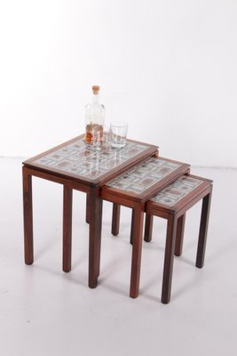 Danish Vintage Nesting Table with Cream/Brown Tiles, 1960s, Set of 3-EZZ-1150927