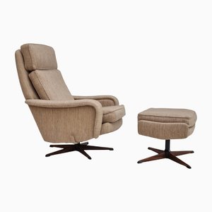 Danish Wool Swivel Armchair With Footstool, 1970s, Set of 2-TMW-1262382