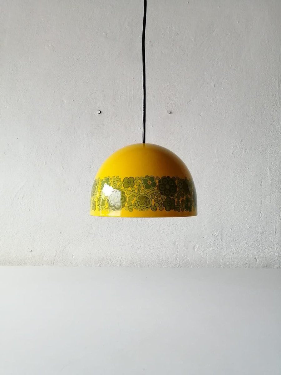 Danish Yellow Enamel Flower Design Kitchen Pendant Lamp by Kaj Frank Raija Uosikkinen for Fog & Morup, 1970s