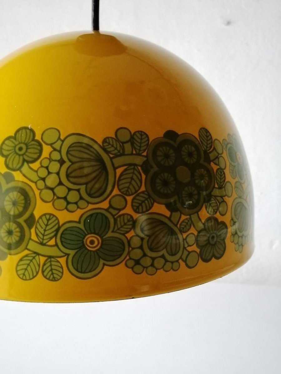 Danish Yellow Enamel Flower Design Kitchen Pendant Lamp by Kaj Frank Raija Uosikkinen for Fog & Morup, 1970s