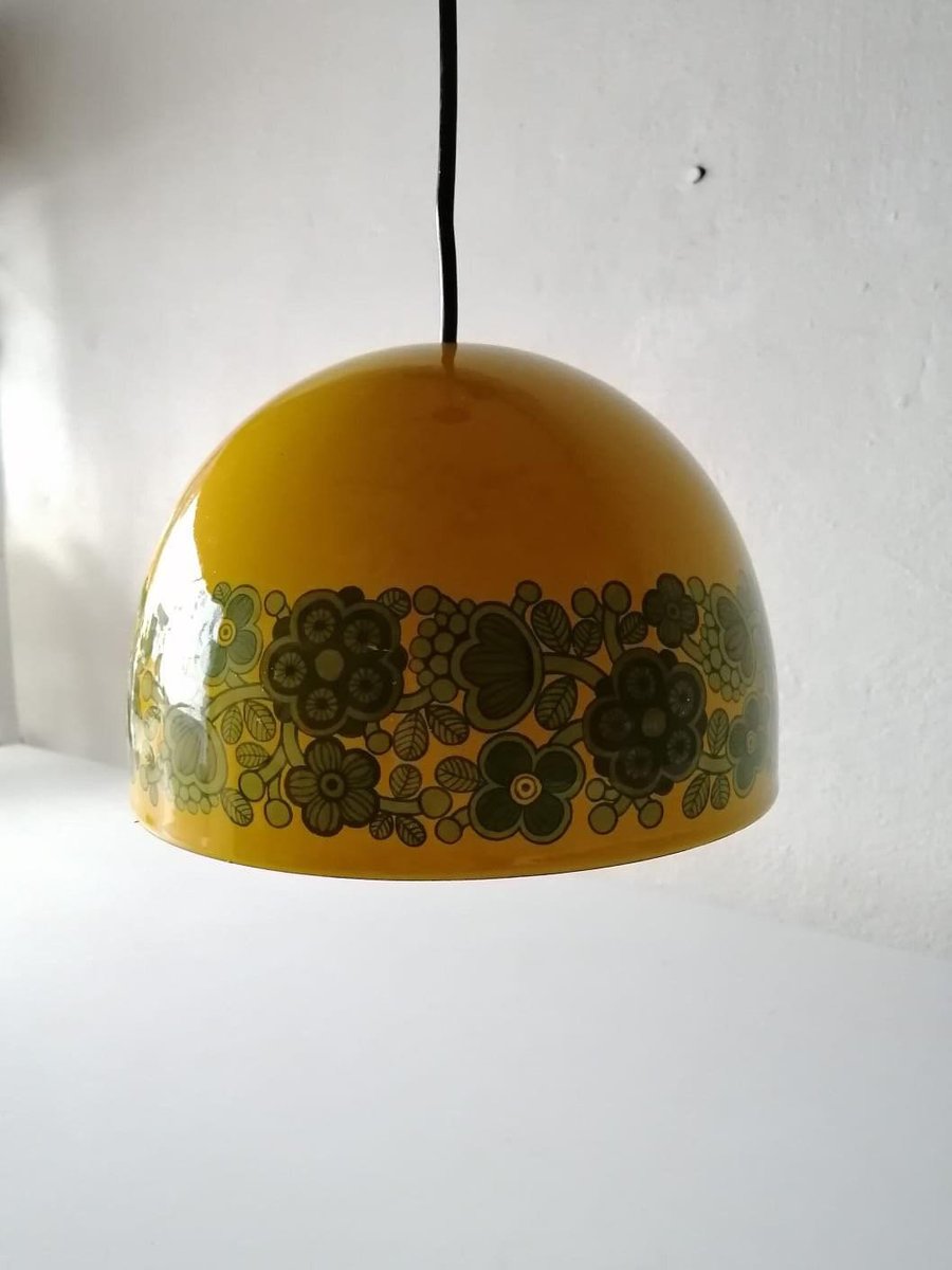 Danish Yellow Enamel Flower Design Kitchen Pendant Lamp by Kaj Frank Raija Uosikkinen for Fog & Morup, 1970s