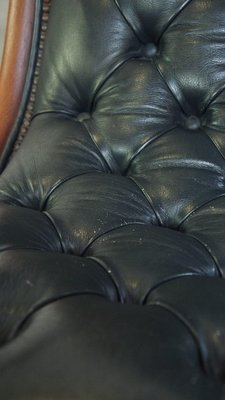 Dark Blue Chesterfield Armchair in Leather and Combined with Wood-HPP-2024322