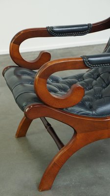 Dark Blue Chesterfield Armchair in Leather and Combined with Wood-HPP-2024322