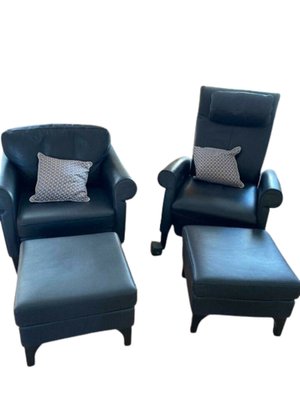 Dark Blue Leather Lounge Chairs and Stools from Walter Knoll / Wilhelm Knoll, Set of 4-YXS-1780619