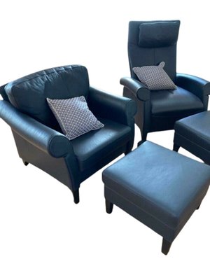 Dark Blue Leather Lounge Chairs and Stools from Walter Knoll / Wilhelm Knoll, Set of 4-YXS-1780619