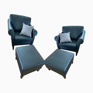 Dark Blue Leather Lounge Chairs and Stools from Walter Knoll / Wilhelm Knoll, Set of 4-YXS-1780619