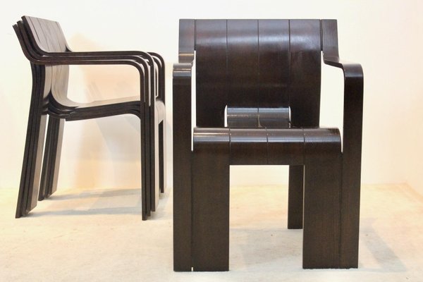 Dark-Brown Ashwood Strip Dining Chairs by Gijs Bakker for Castelijn, Set of 4-MO-1177496