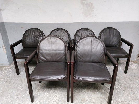 Dark Brown Leather and Wood Dining Armchairs from Bulo, 1980s, Set of 6-AIF-1798983