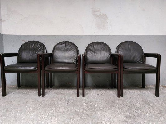 Dark Brown Leather and Wood Dining Armchairs from Bulo, 1980s, Set of 6-AIF-1798983