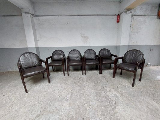 Dark Brown Leather and Wood Dining Armchairs from Bulo, 1980s, Set of 6-AIF-1798983